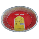 The Essential Extra Large Oval Roasting Pan (468mm x 355mm x 85mm) features a red and yellow "Super Value" label and packaging that highlights it as an oval pan for roasting, clearly displaying its size.